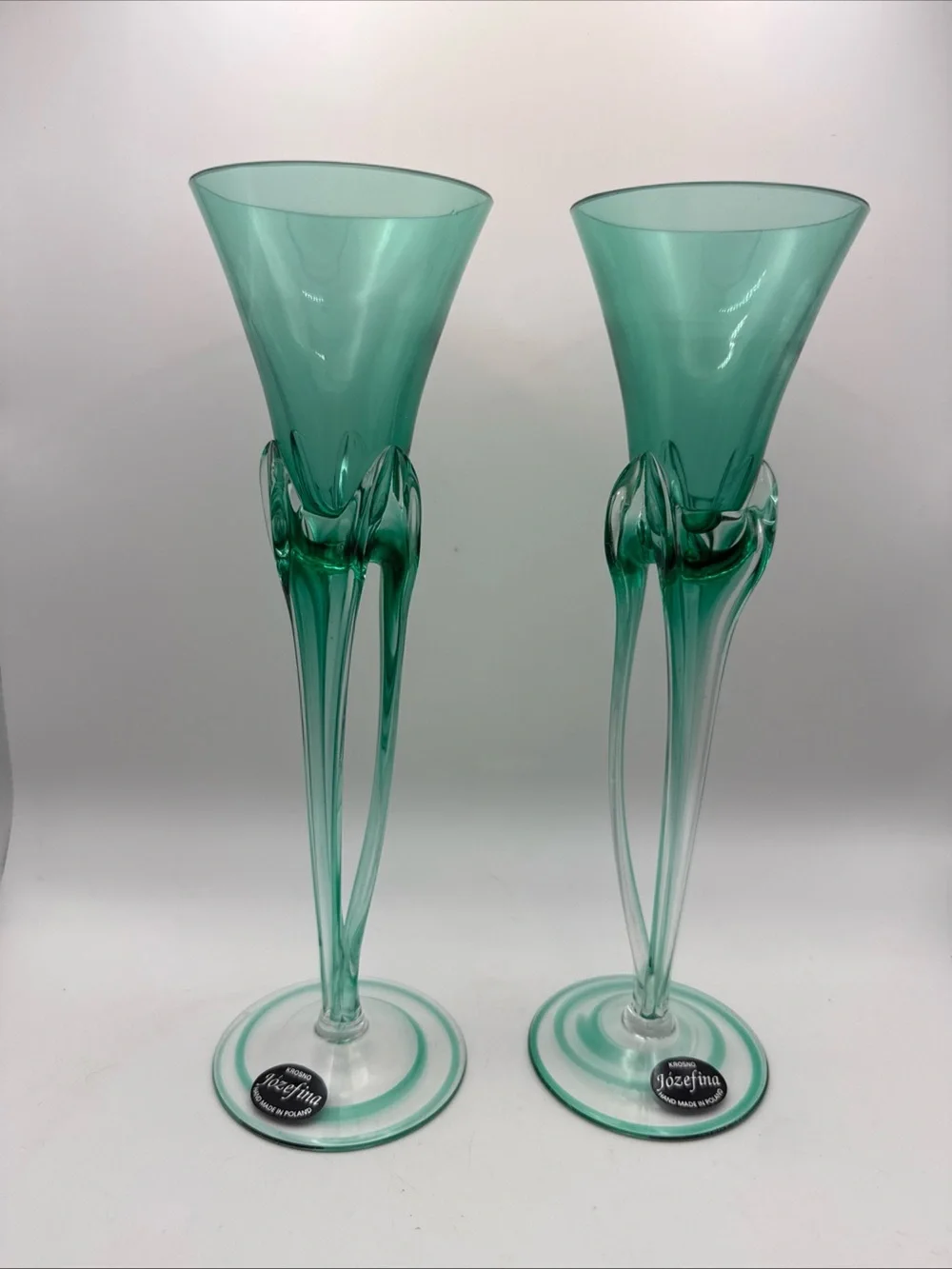 Vintage Set of 2 Green Jozefina Krosno Art Glass Taper Candleholders Hand-Blown